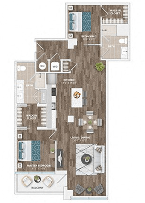 Floor plan for 2 beds, 2 baths, 1144 sqft